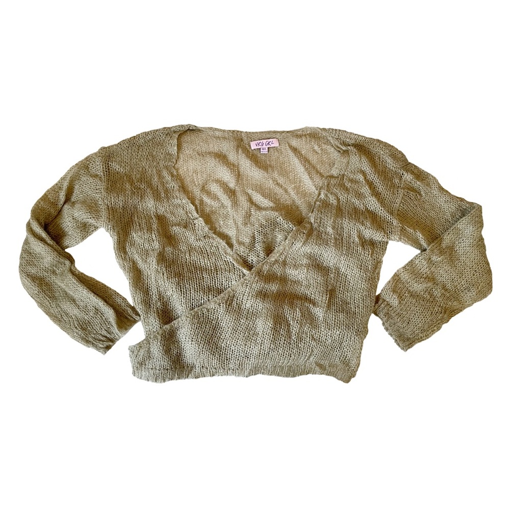 green sheer tie front wrap sweater